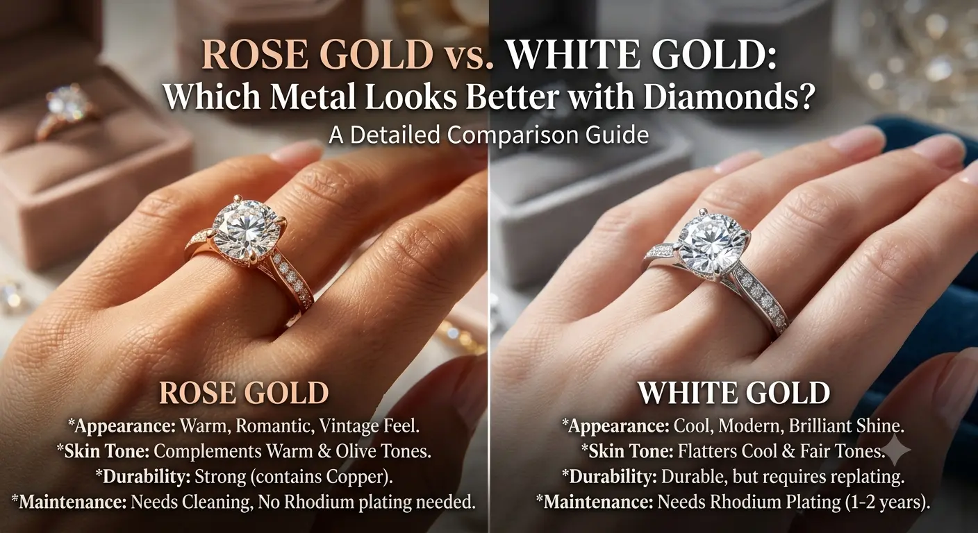 Read more about the article Rose Gold vs White Gold: Which Metal Looks Better with Diamonds?